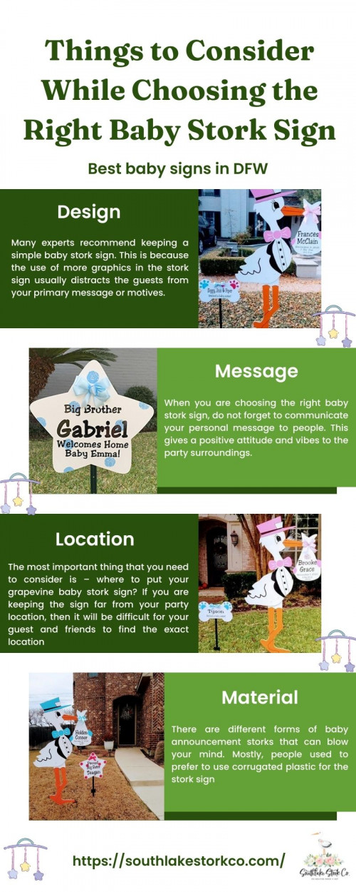 The stork sign is considered as the sign of fertility and luck. So, you must have these baby stork signs. Here are some of the important things that you should consider while deciding on the right stork yard sign.

https://southlakestorkco.com/