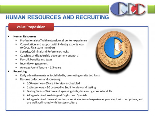 HUMAN RESOURCES AND RECRUITING SLIDE. POWER POINT PRESENTATION COSTA RICA'S CALL CENTER