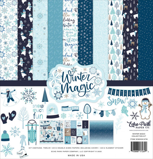 This kit is just snow much fun!

Six (6) Unique Double-Sided 12x12 Papers
Includes 12x12 Element Sticker Sheet
65 lb Accent Opaque Cardstock
Smooth surface
Printed on two sides
Made in the USA
Echo Park WIM223016TM