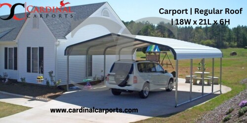 Our basic metal carport is our regular style roof carport. It is available in widths from 12' wide to 30' wide, side heights from 6' to 14', and as long as you need. 
visit the website.https://www.cardinalcarports.com/carport/carport-regular-roof-18x21x6
